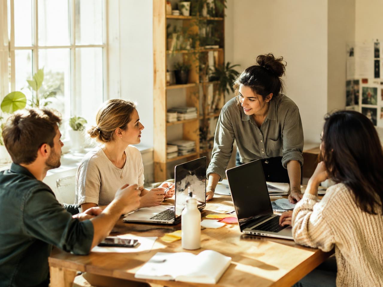 Stock photo: a small team discussing ideas around a table with laptops in a sunlit office