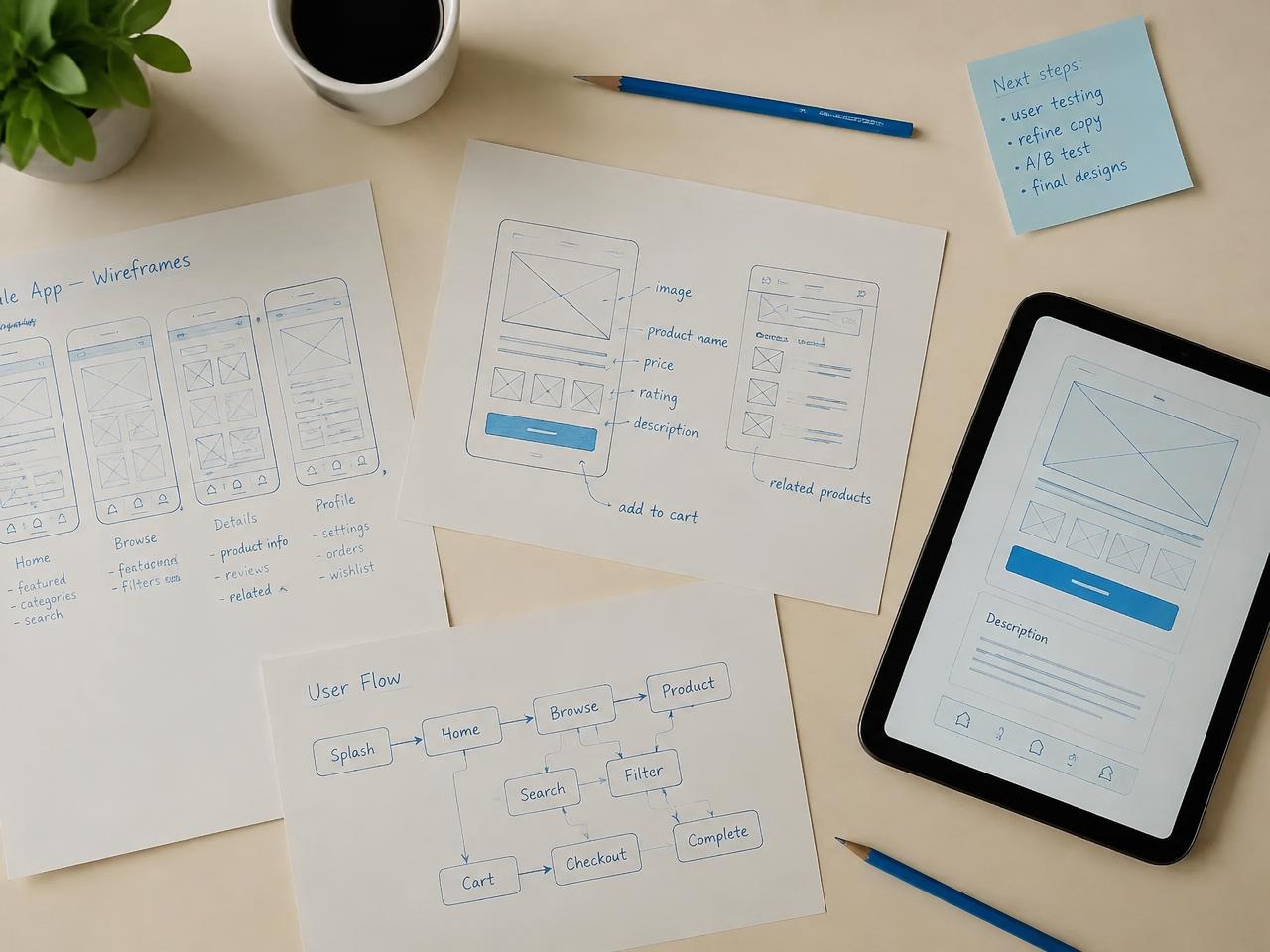 Stock photo: paper wireframes, user flow sketches and a tablet prototype on a desk