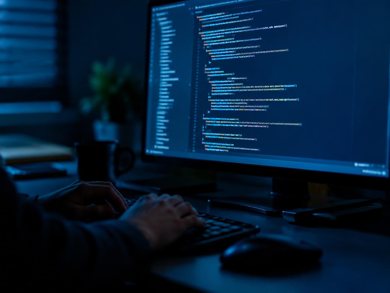 Stock photo: a developer typing code on a monitor in a dimly lit room
