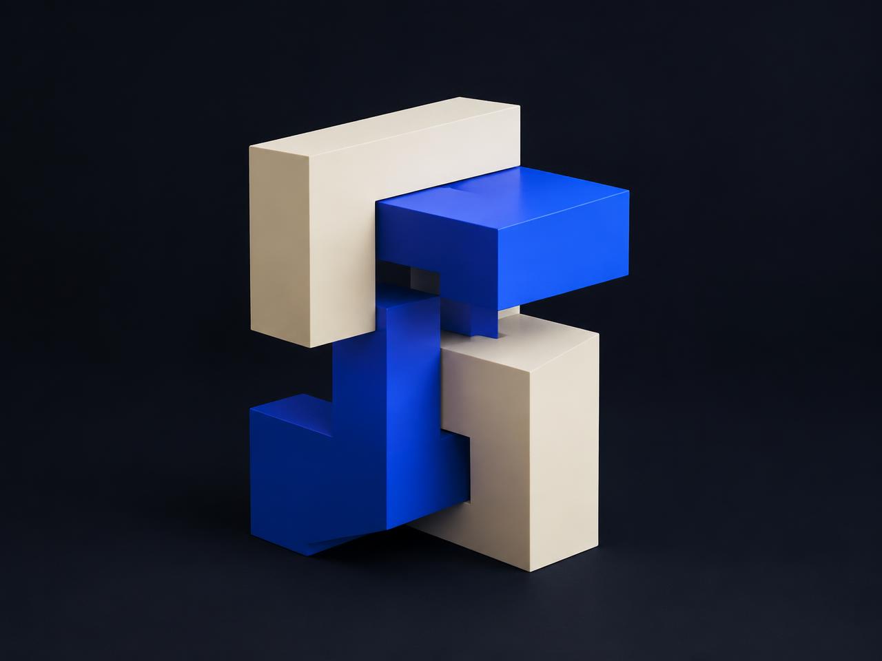 Abstract sculpture of interlocking ivory and blue blocks representing connected systems